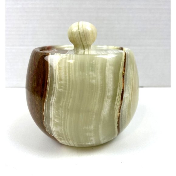Handcrafted Green Onyx Storage Jar Large Round Finial Lid VTG Carved Heavy 6"x4" - Picture 1 of 12
